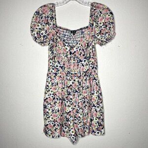 Lilly Rose Short Romper Puff Sleeve Women's XS Linen Blend Elastic Back Floral